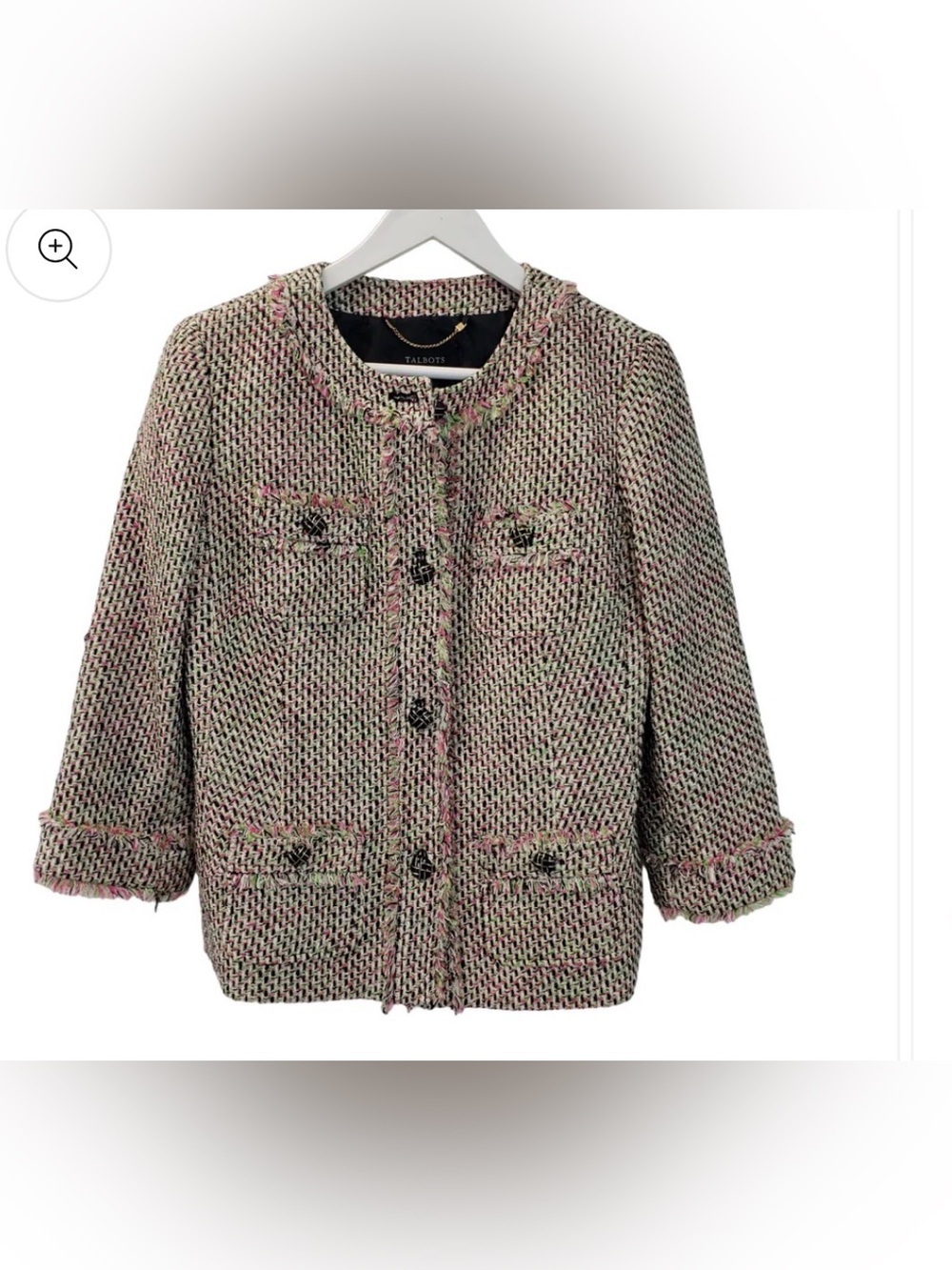 Talbots Tweed Blazer Jacket with Fringe Trim pink green size 16